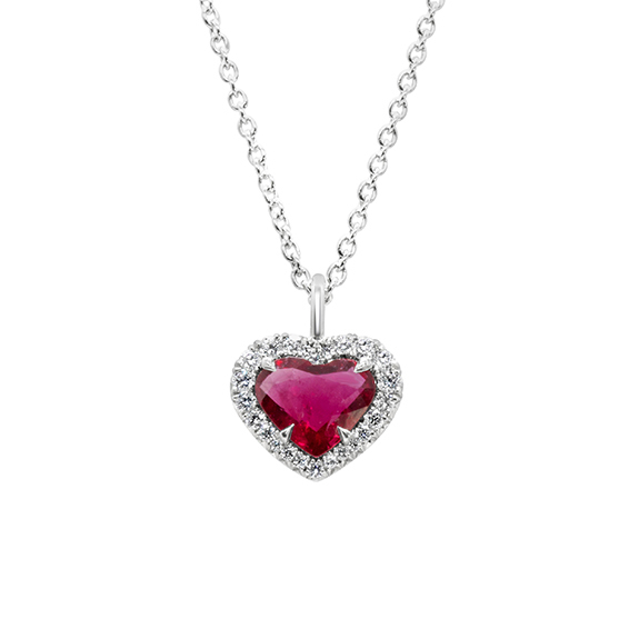 Platinum Heart-Shaped Ruby and Diamond Pendant Necklace